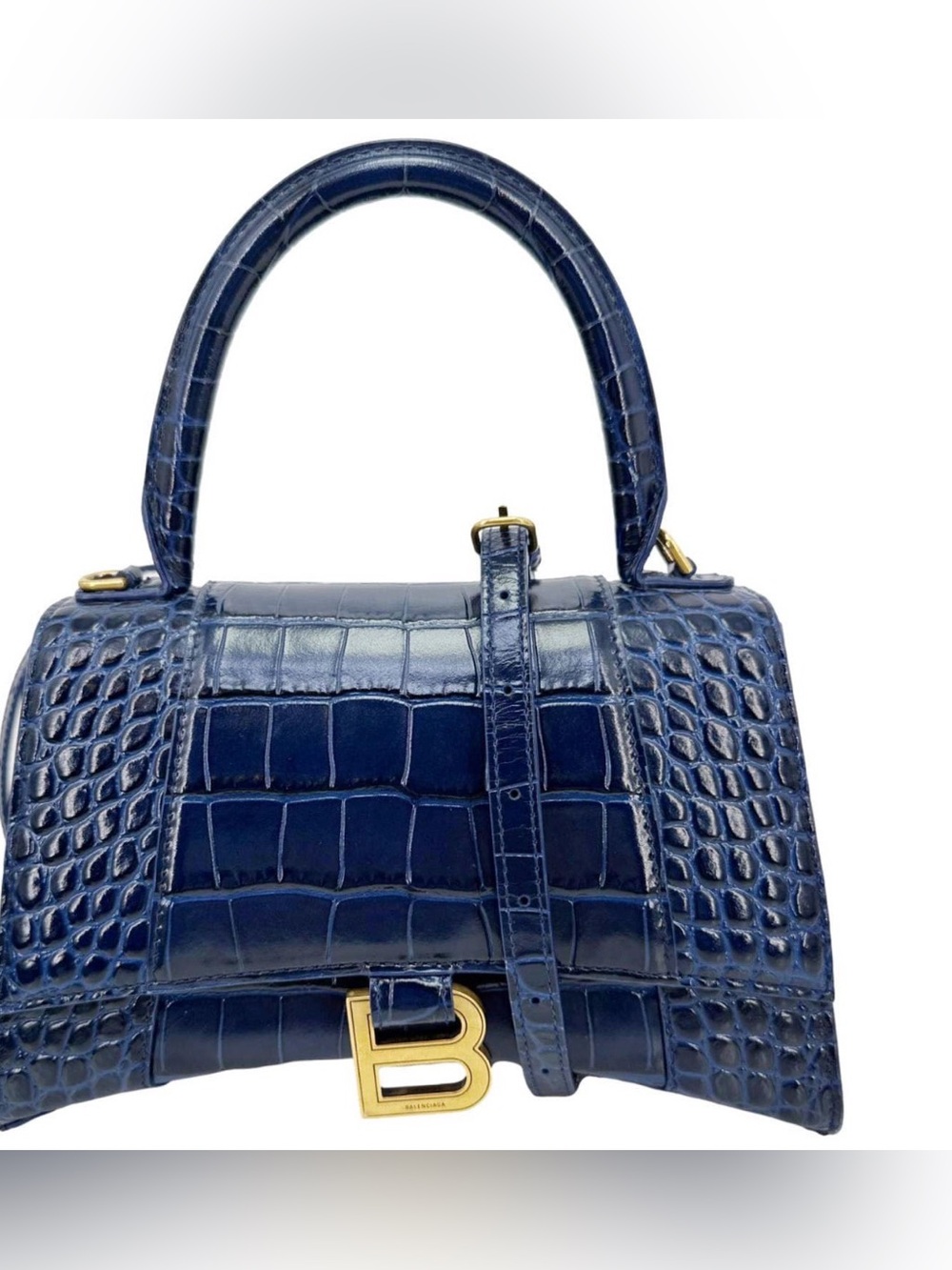 Balenciaga Hourglass Top Handle Bag in Blue Croc-Embossed Leather